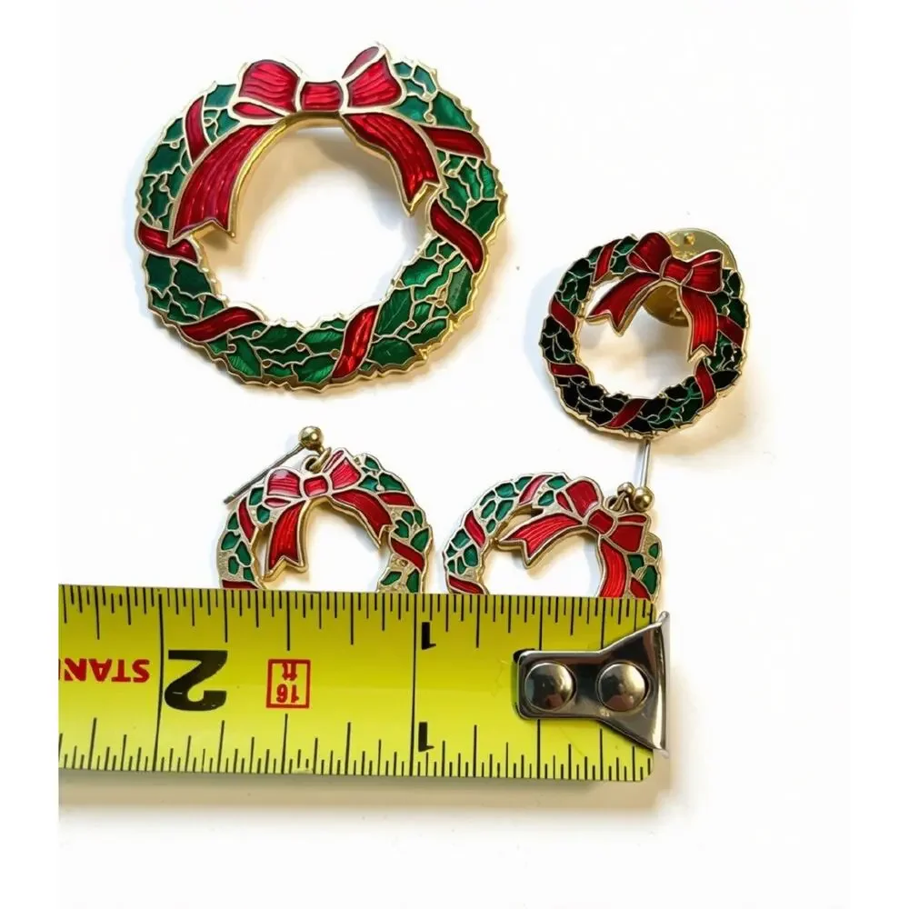 Vintage Christmas Wreath Brooch Pin Earrings Set Red Bow Enameled